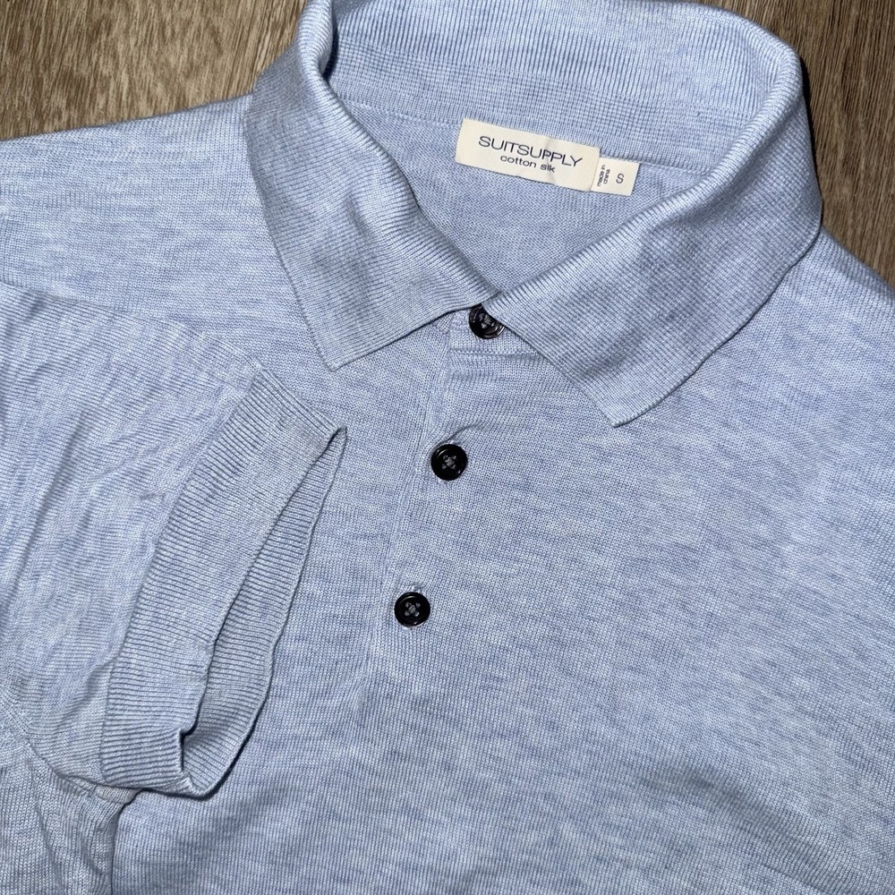 Suitsupply Cotton Silk Short Sleeve Knit Polo Men's Small Light Blue Stretch